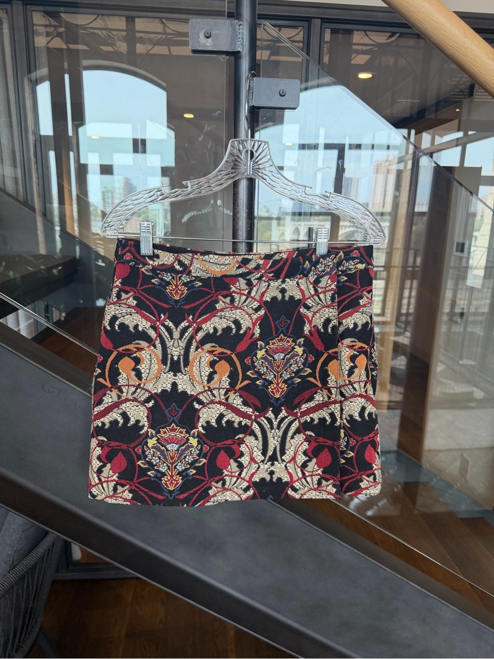 Topshop Black Woven Mini Skirt with Red and Gold Tapestry Pattern